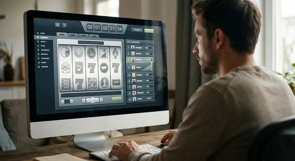 Man spelar slotturnering vid datorn med live-ranking bredvid hjulen